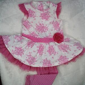 Little Me Baby Outfit Dress Leggings 12M Pink White Floral Tulle Rosette Ruffles